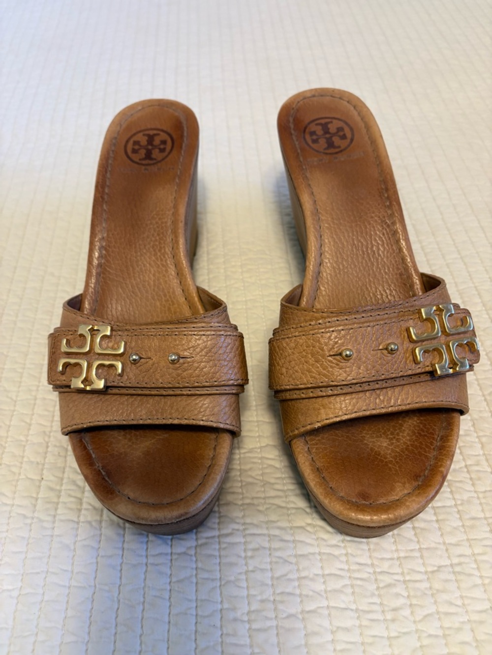 Tory Burch Brown Leather Slide Mules with Gold Logo